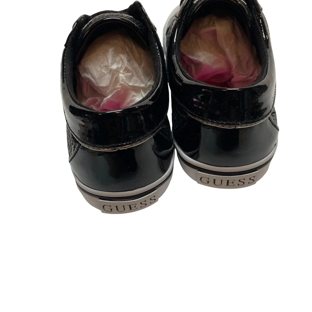 Guess Womens Black Sequin Low Top Sneakers Silver Logo Lace Up